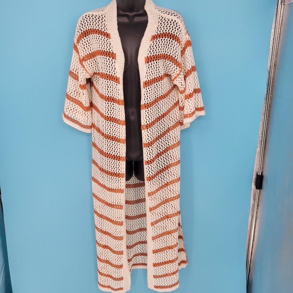 En Creme Bohemian Striped Open Front Crochet Mesh Kimono Layering Duster Medium
